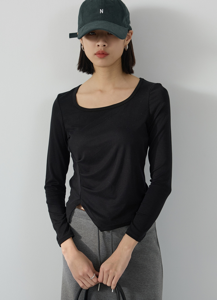 萊賽爾側腰抓皺開衩罩杯T恤 Bra Top 免穿內衣 打底衫 素面衫