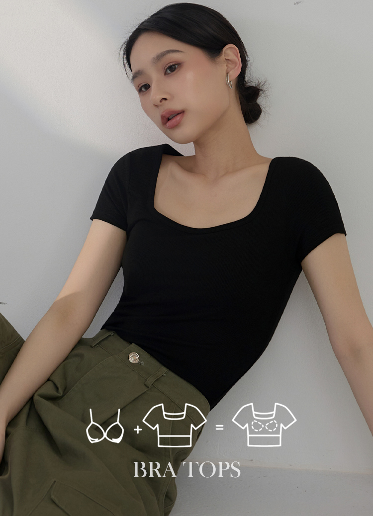 省去內衣煩惱! 莫代爾羅紋方領罩杯短T Bra Top