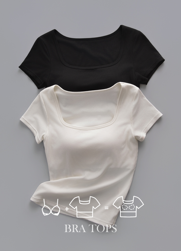 省去內衣煩惱! 莫代爾羅紋方領罩杯短T Bra Top