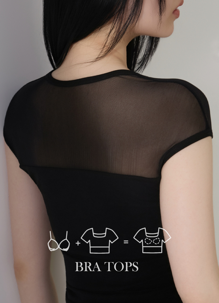 隱約撩人! 透肌感網紗小包袖罩杯上衣 Bra Top