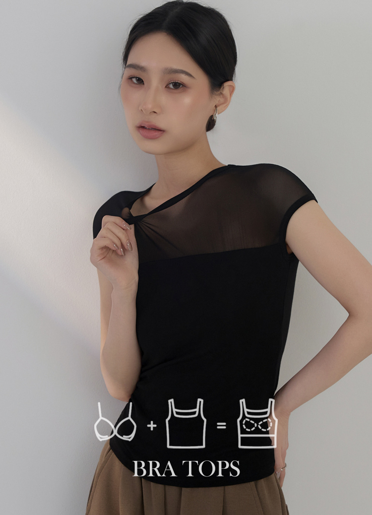 隱約撩人! 透肌感網紗小包袖罩杯上衣 Bra Top