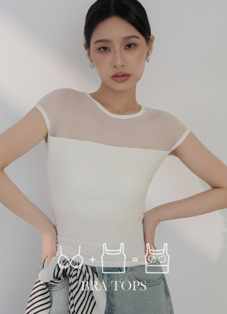 隱約撩人! 透肌感網紗小包袖罩杯上衣 Bra Top