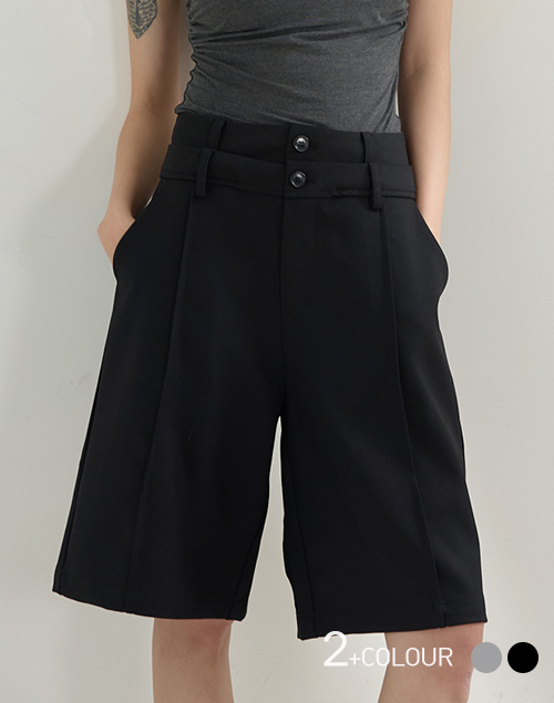 韓國設計款 時髦雙腰中線西裝五分褲(黑色)