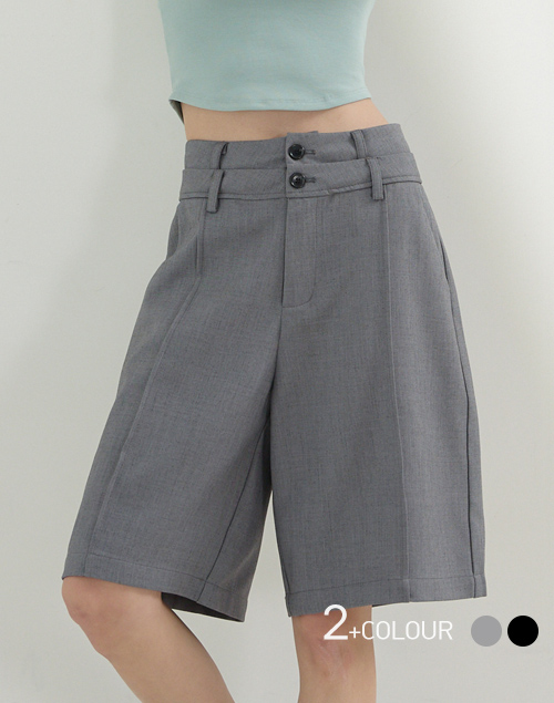韓國設計款 雙腰頭層次中線西裝五分褲(灰色)