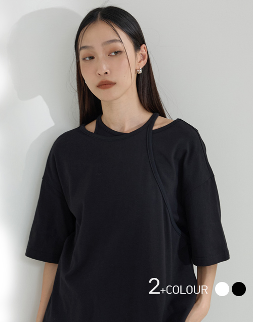 韓國設計交疊假兩件式寬鬆T恤(黑色)