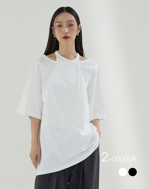 韓國設計交疊假兩件式寬鬆T恤(白色)