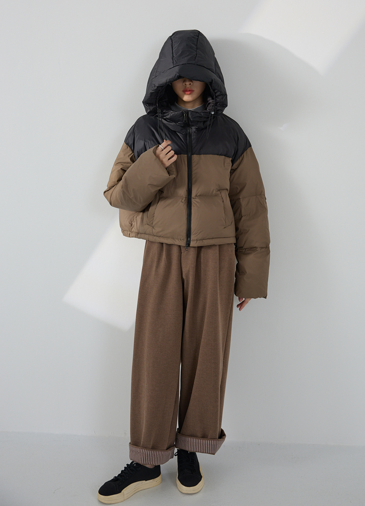 中性拼色廓型短款連帽羽絨外套 鴨絨外套