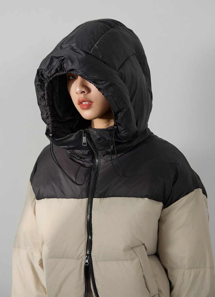 中性拼色廓型短款連帽羽絨外套 鴨絨外套