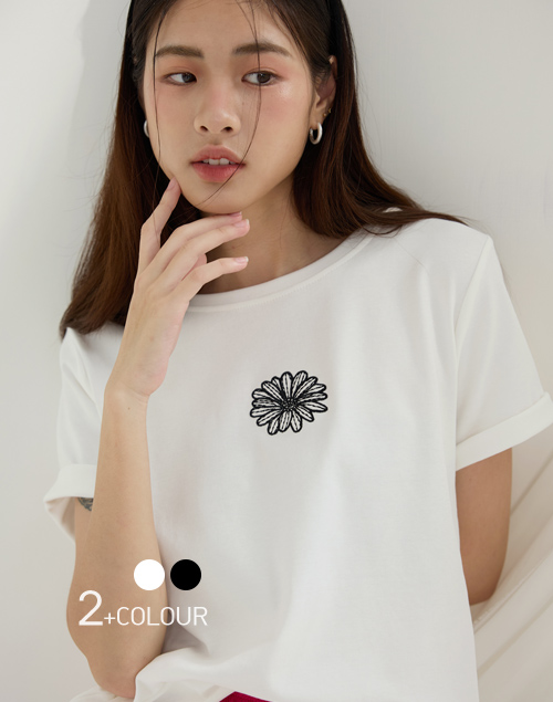 小雛菊刺繡質感簡約T恤(白色)