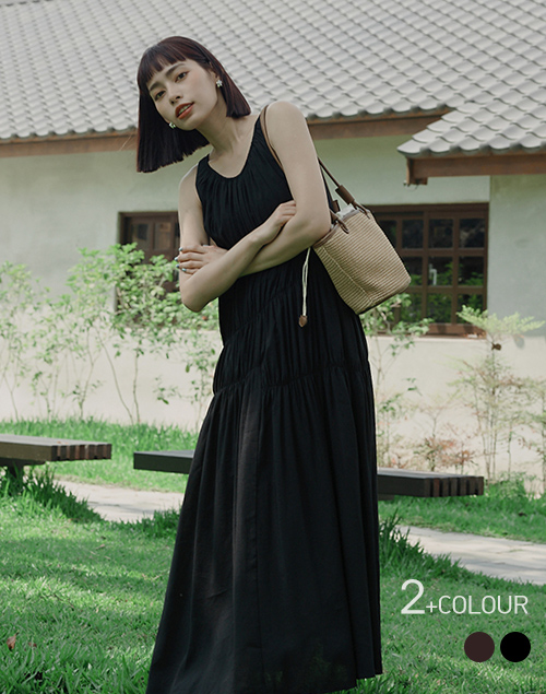 韓國悠閒皺褶層次背心洋裝(黑色)