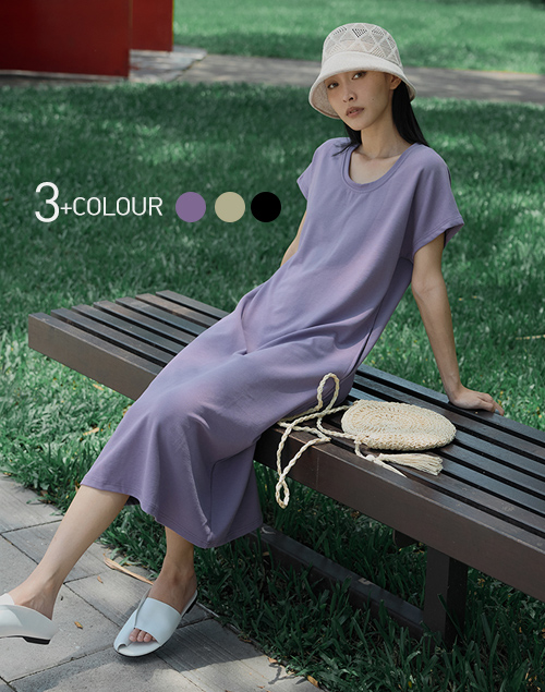 U領休閒慵懶法式袖連身裙(紫色)
