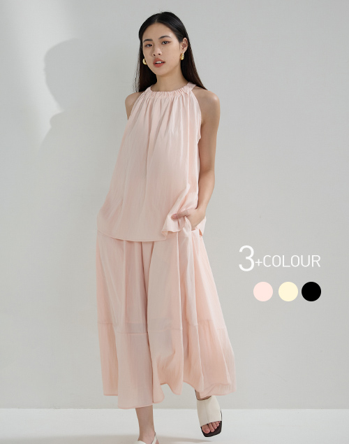 渡假套裝涼感繞頸背心+花苞圓裙 套裝(粉色)