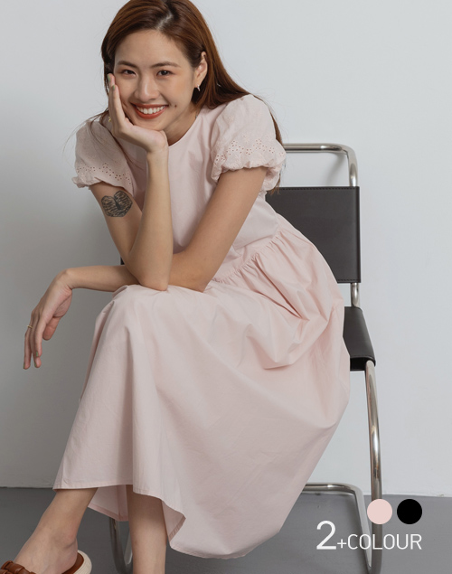 緹花簍空泡泡袖甜美洋裝