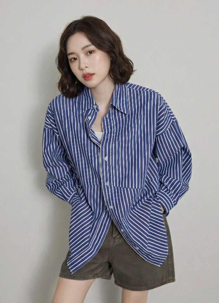 條紋藍拼接中性寬鬆襯衫