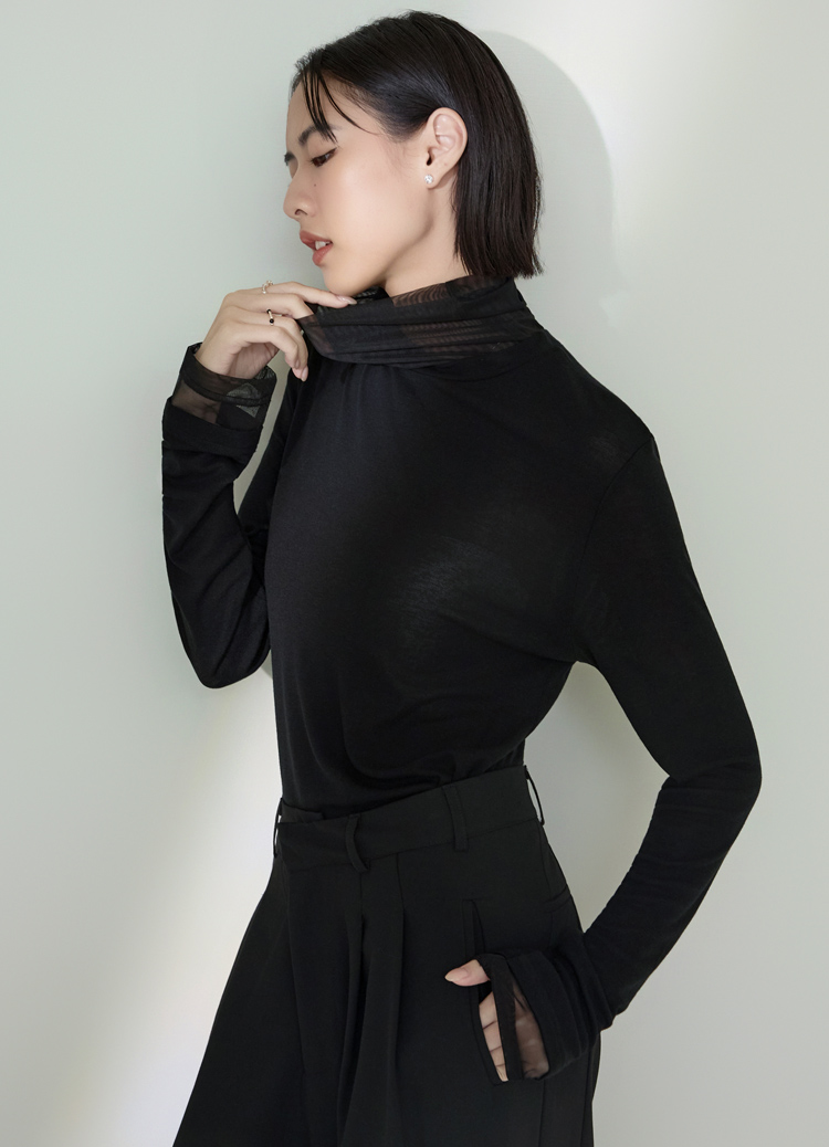 韓國訂製款! 微醺雙層透紗天絲堆堆領打底衣