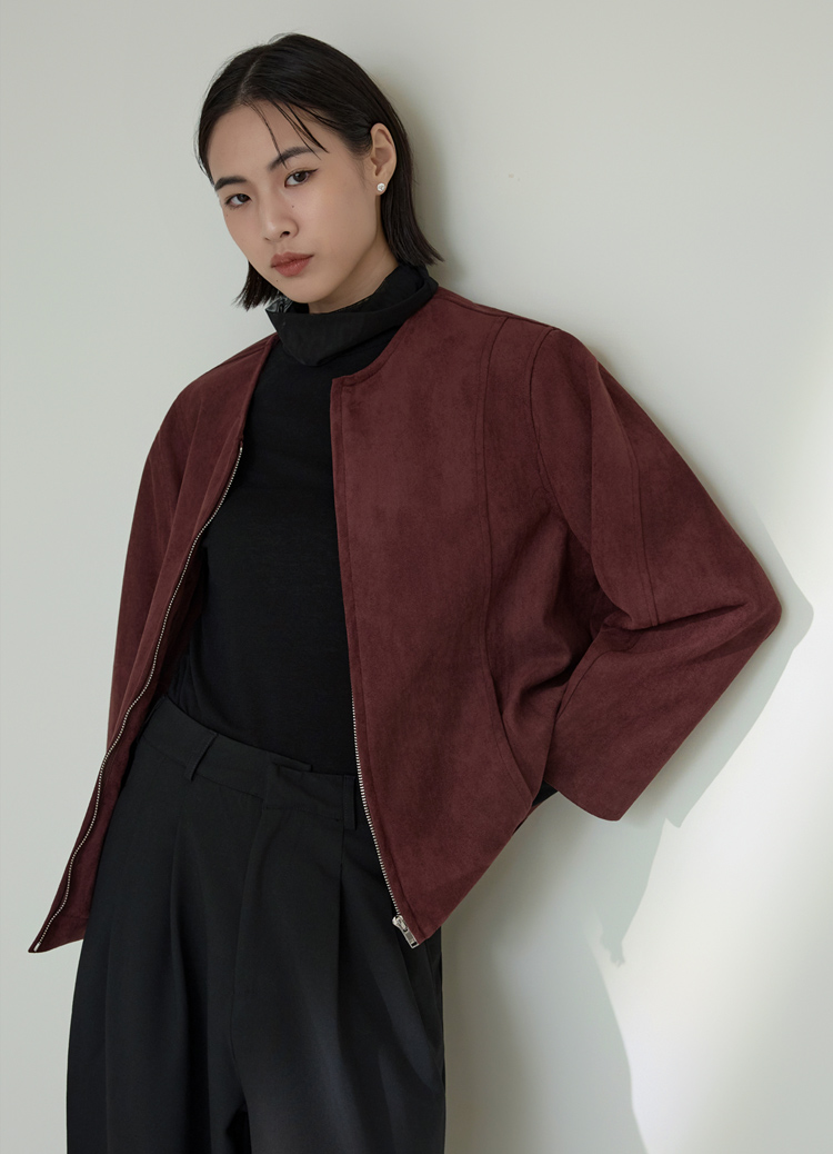 高訂剪裁! 廓型麂皮絨圓領短夾克外套