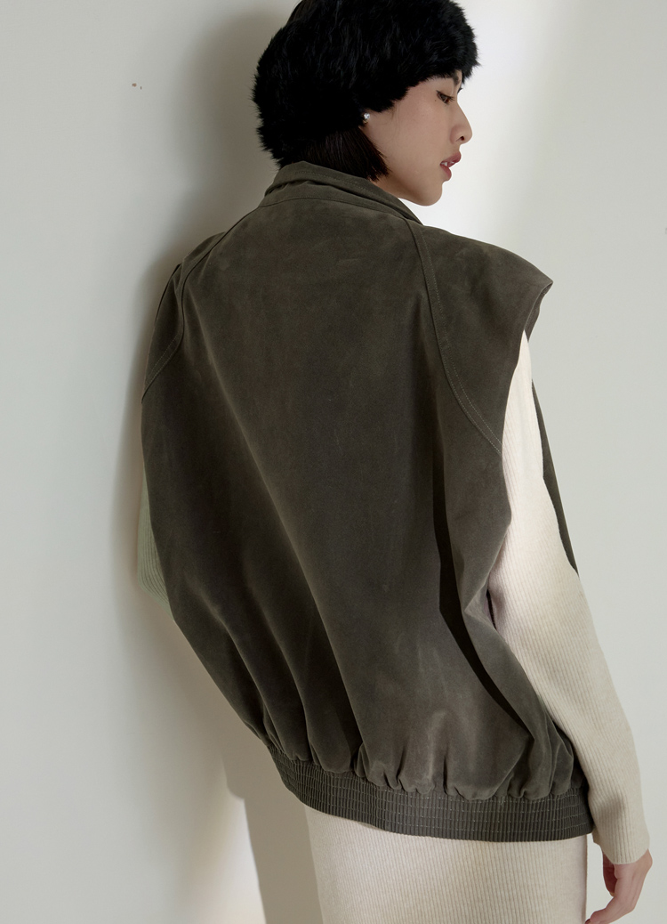 個性疊穿麂皮絨廓型立領背心 工裝夾克
