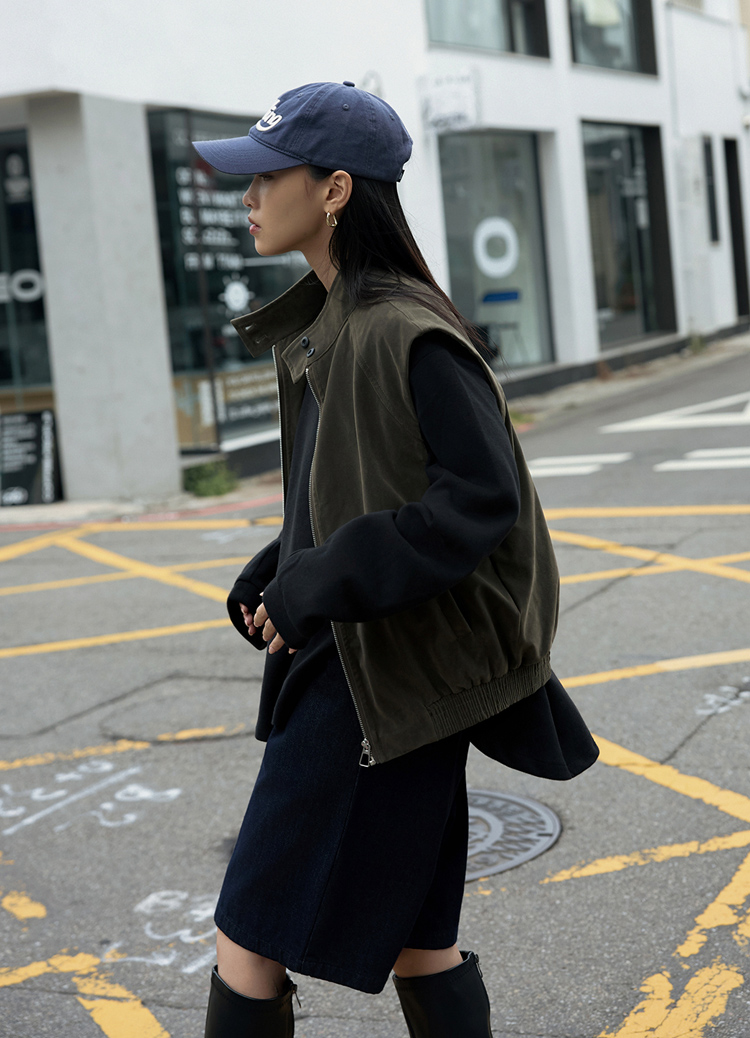 個性疊穿麂皮絨廓型立領背心 工裝夾克