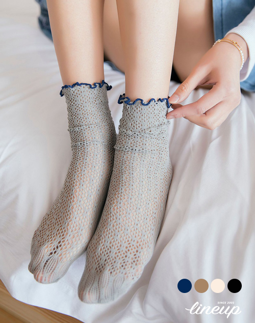 多種花紋蕾絲藍滾邊短筒襪