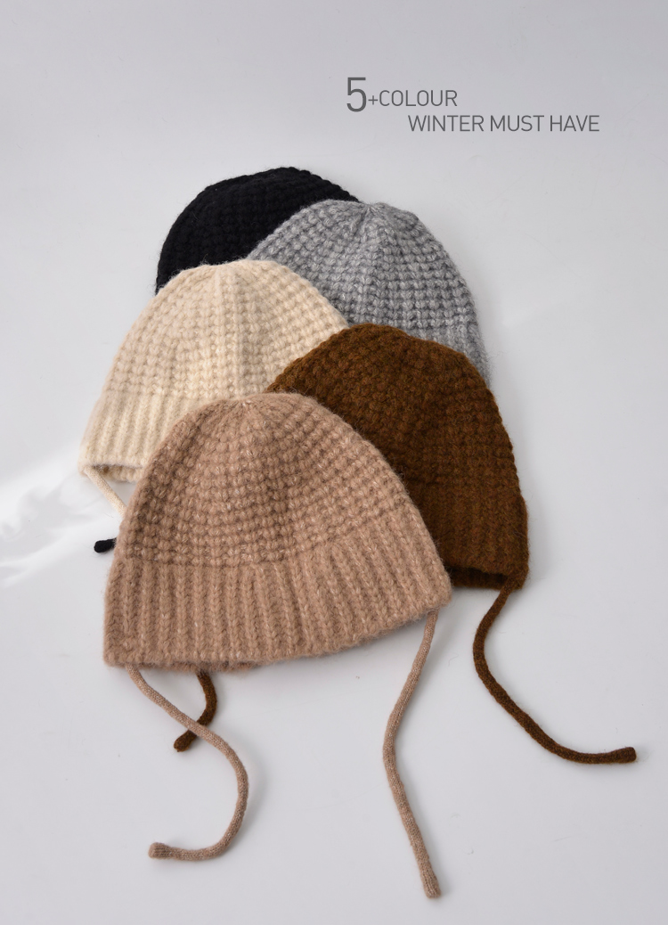暖和粗針織綁帶鐘形帽 毛帽 針織帽