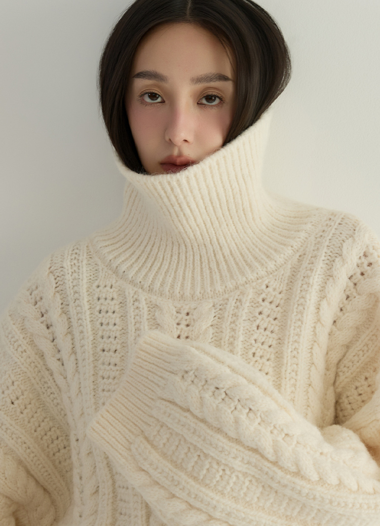 暖爐旁的午後! 雪國鬆軟厚磅高領麻花毛衣 長版毛衣