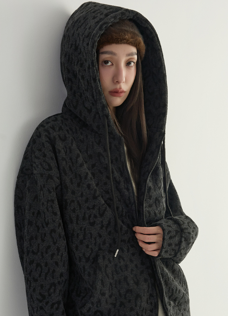 無聲張揚! 低調豹紋厚磅刷絨連帽T 連帽外套