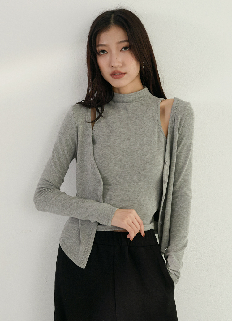 高冷犯規! 修身包覆立領削肩背心+開襟衫 兩件式上衣