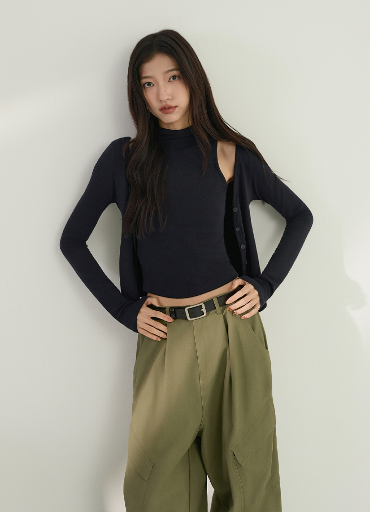 高冷犯規! 修身包覆立領削肩背心+開襟衫 兩件式上衣